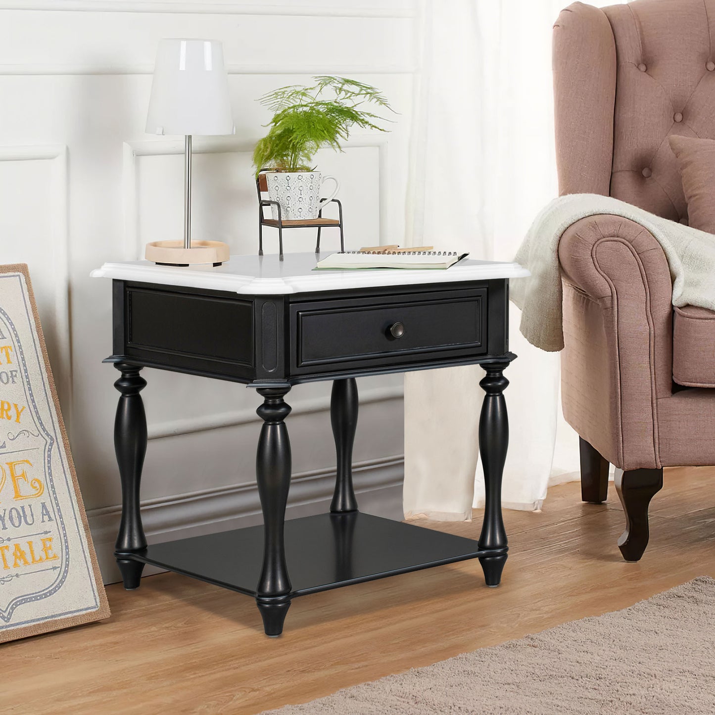 Classic Black and White End Table with Drawer and Bottom Shelf