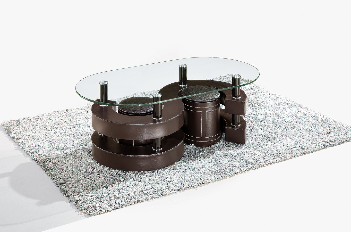 Coffee Table Set, Oval Table with Thick Tempered Glass and 2 Vegan Leather Stools