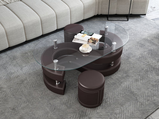 Coffee Table Set, Oval Table with Thick Tempered Glass and 2 Vegan Leather Stools