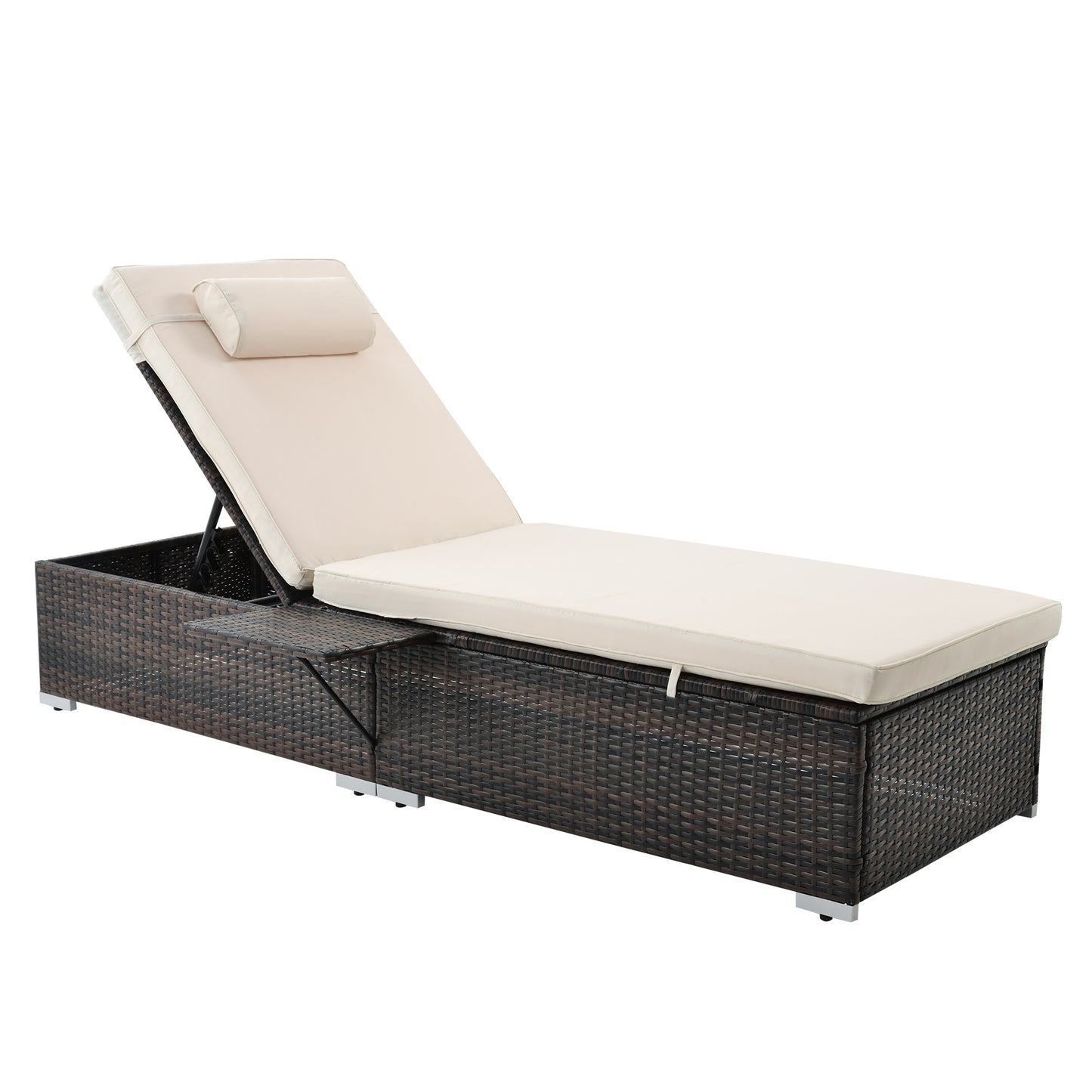 Outdoor 2-Piece Patio Set, Brown Rattan Reclining Chaise Lounge Chairs with Adjustable Backrests with a White Cushion and pillow and Side Table