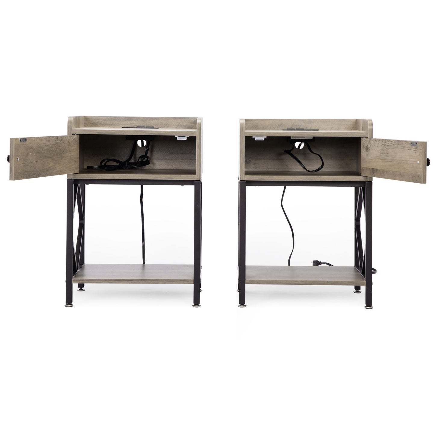 Set of 2 Farmhouse Style Wood End Table Nightstands with Charging Stations and USB Ports, Gray