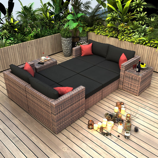 10-Piece Outdoor Patio, Convertible, Brown Sectional Set with Black Cushions and and Cover