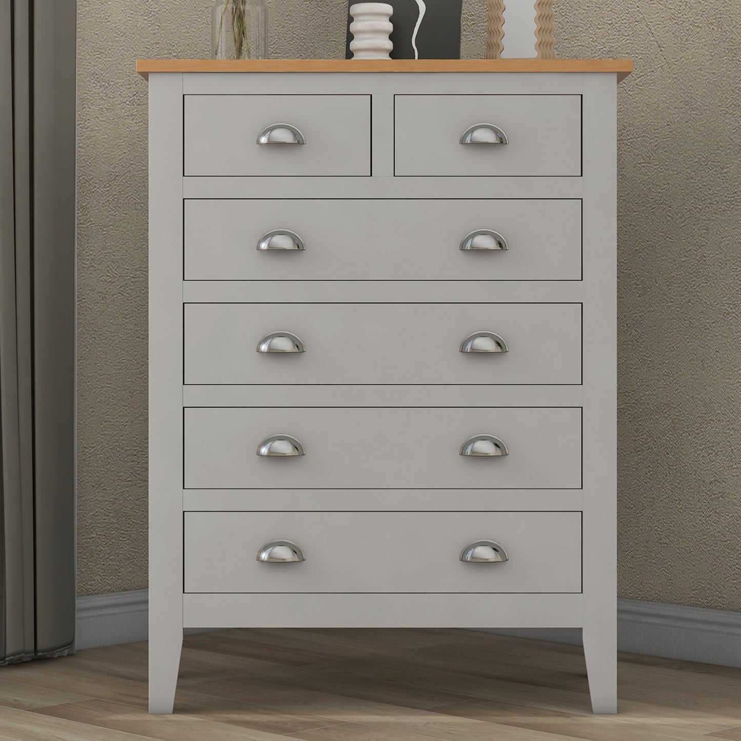 Light Gray and Solid Oak Top 6 Drawer Dresser