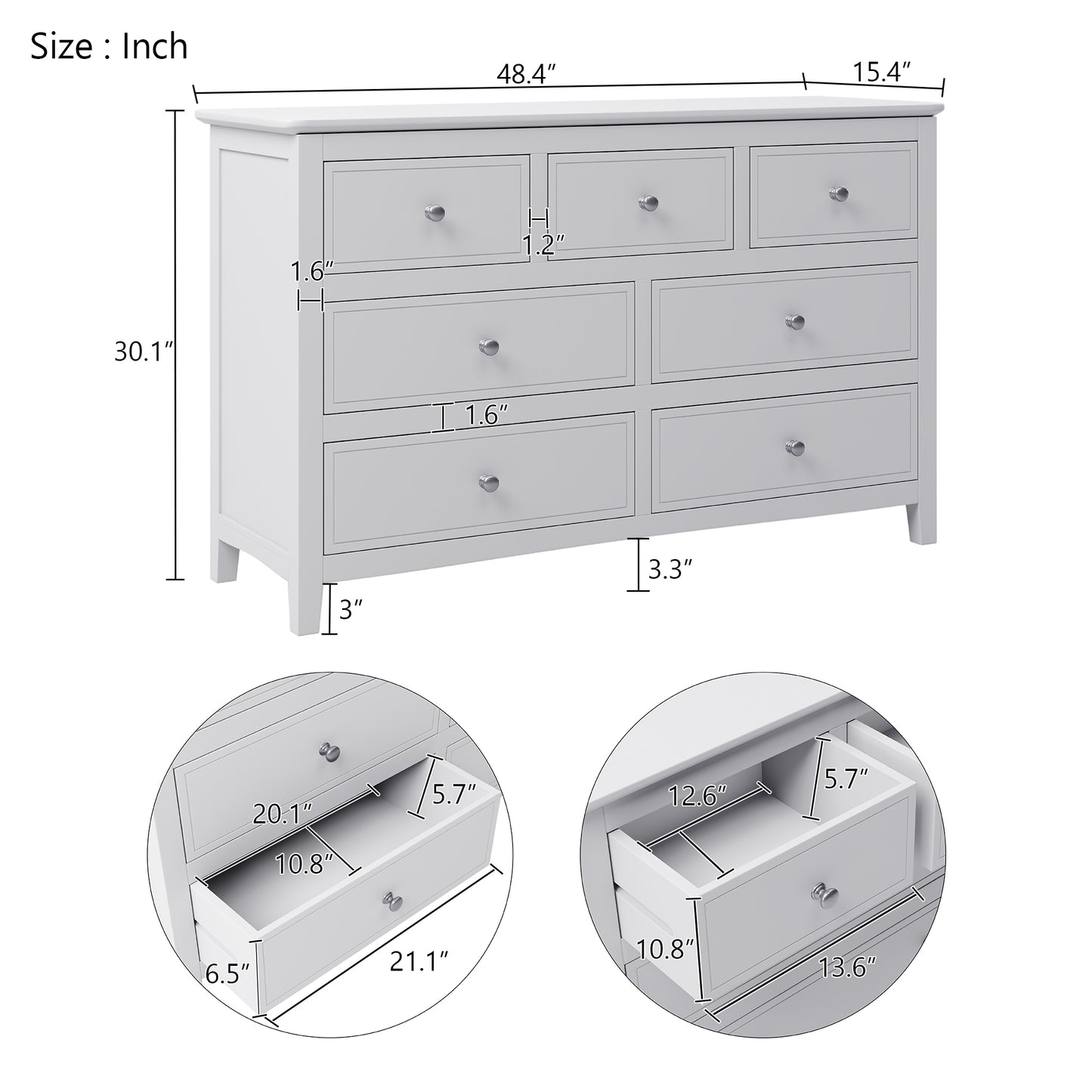 Traditional 7 Drawer Solid Wood Dresser, White