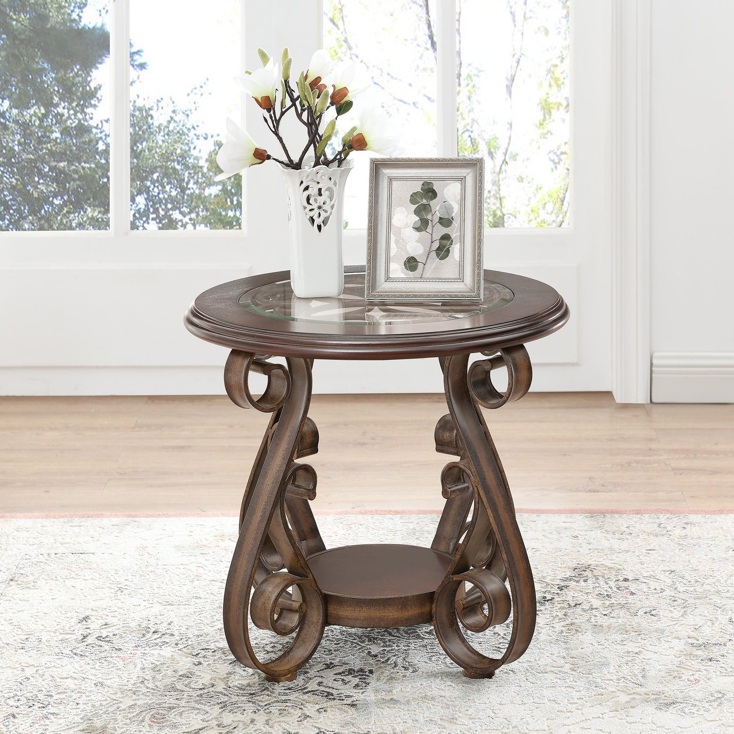 Luxury End Table with Glass Table Top and Powder Coat Finish Metal Legs, Dark Brown