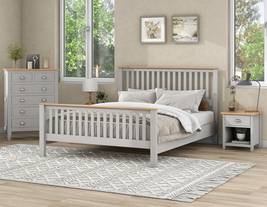 Queen 3 Piece Bedroom Set. Country Gray with Oak Top, Bed, Nightstand and Tall Dresser