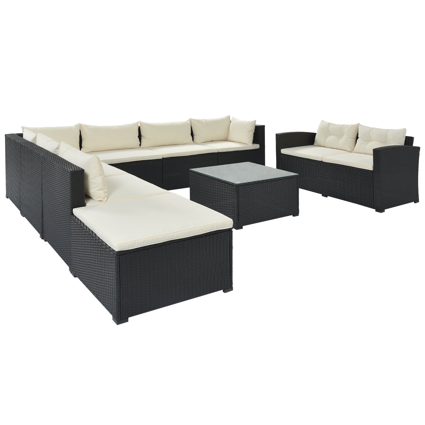 9-piece Beige Cushion and Black Rattan Outdoor Patio Sectional Sofa Set, for Garden, Backyard, Porch and Poolside