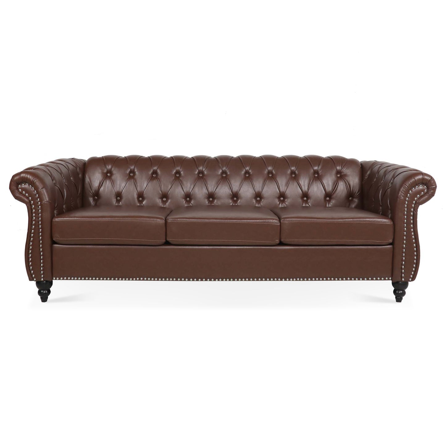 Dark Brown, Vegan Leather, Curved Arm, Chesterfield Inspired, Three Seat Sofa.