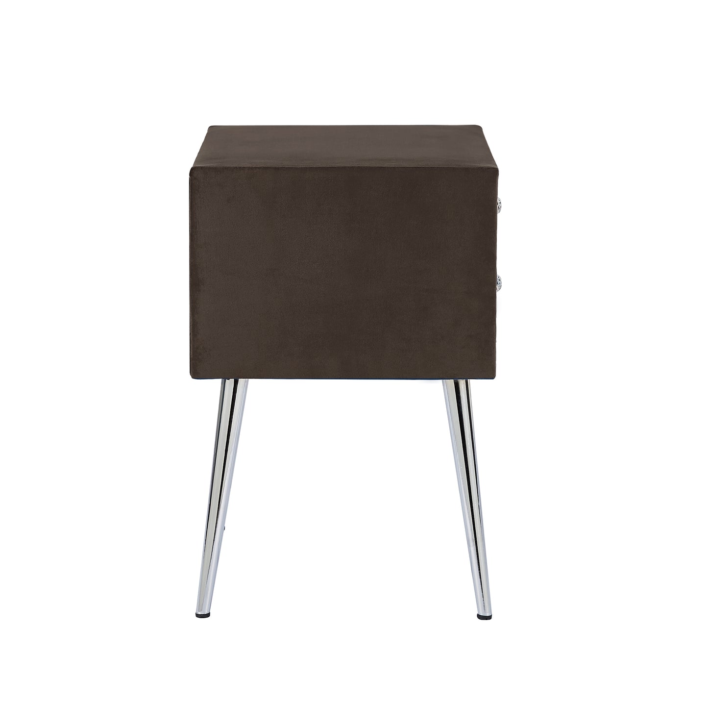 Chic Brown Velvet Upholstered Nightstand with Two Drawers, Metal Legs and Silver Rivet Accents
