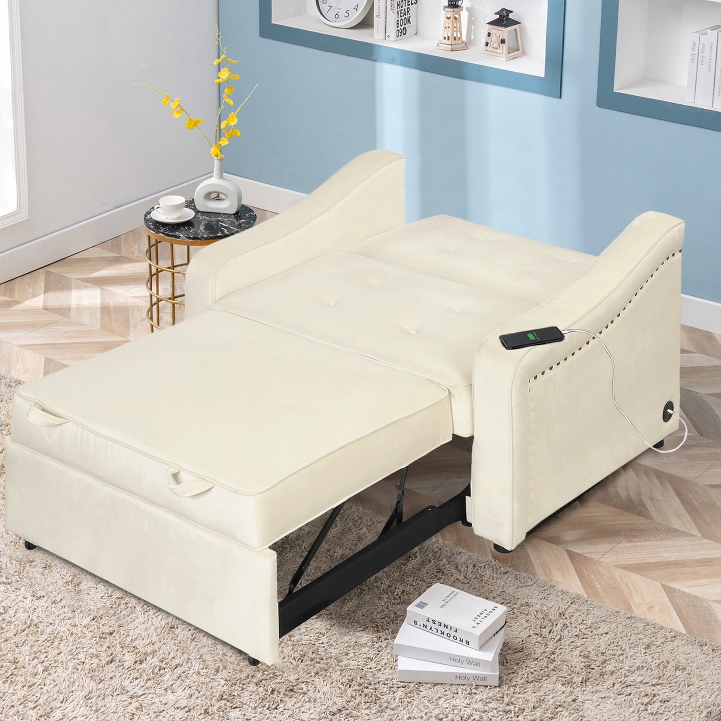 Cream Color Velvet Convertible Sleeper Bed, Adjustable Sofa, with Dual USB Ports