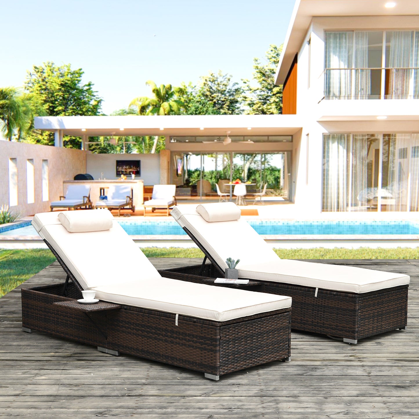 Outdoor 2-Piece Patio Set, Brown Rattan Reclining Chaise Lounge Chairs with Adjustable Backrests with a White Cushion and pillow and Side Table