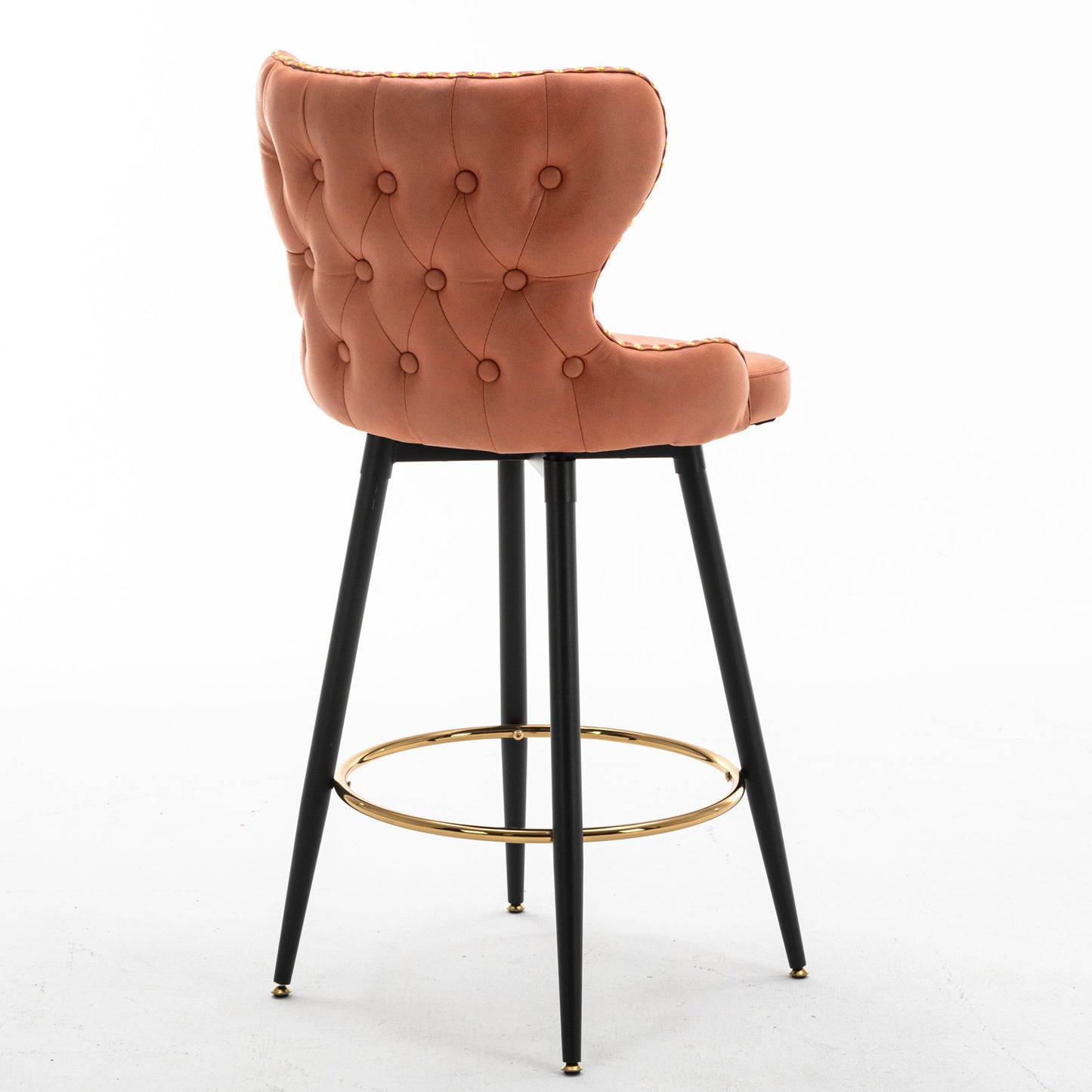 Set of (2) 29" Modern Leatherier Fabric bar chairs, Swivel Bar Stools, Button-Tufted Gold Nail head Trim, Metal Legs, Orange