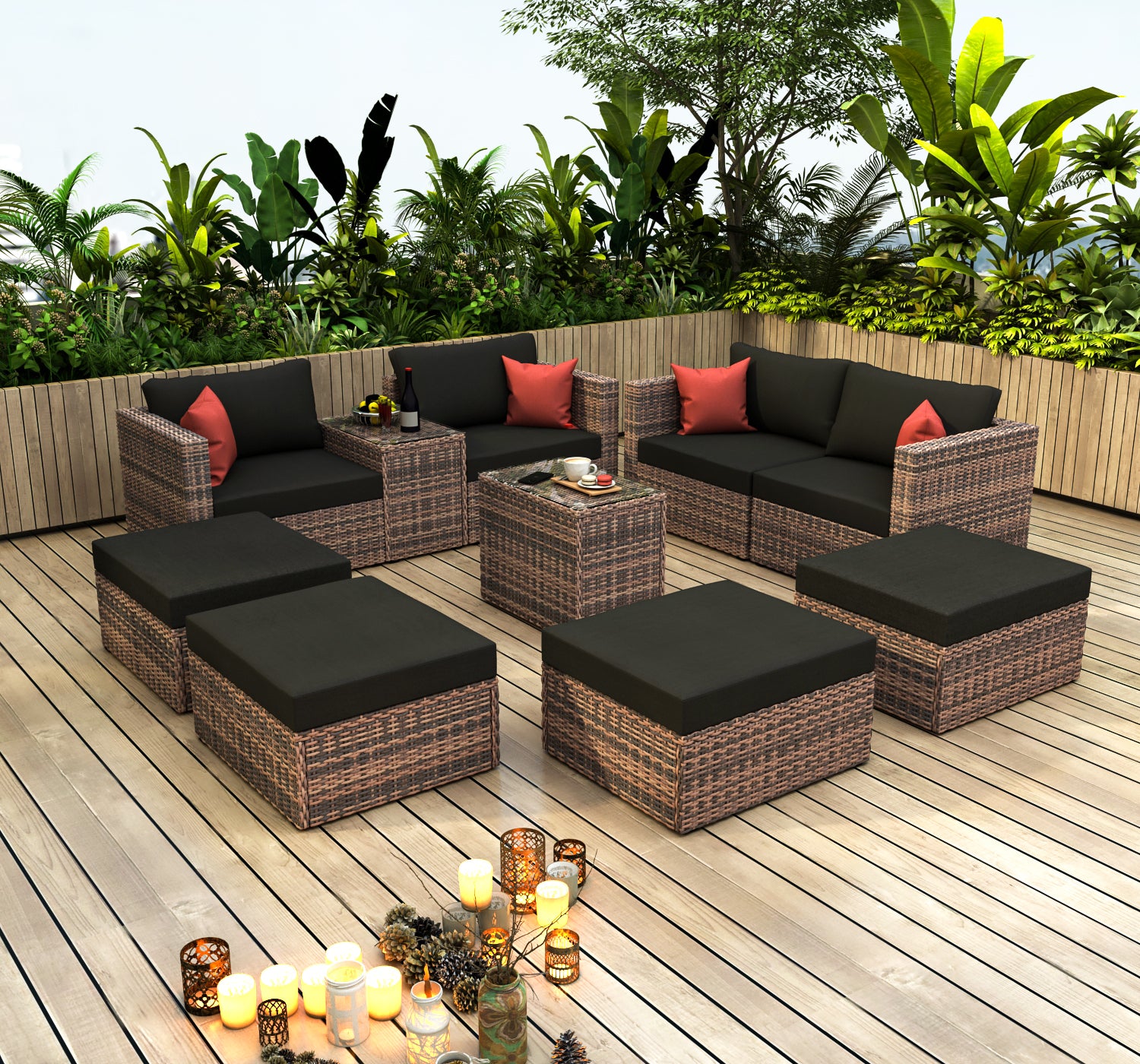 10 piece brown rattan wicker set with black cushions, outdoor patio set with coffee table