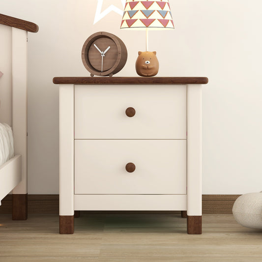 Fun Wooden Nightstand With Two Drawers, Cream and Walnut