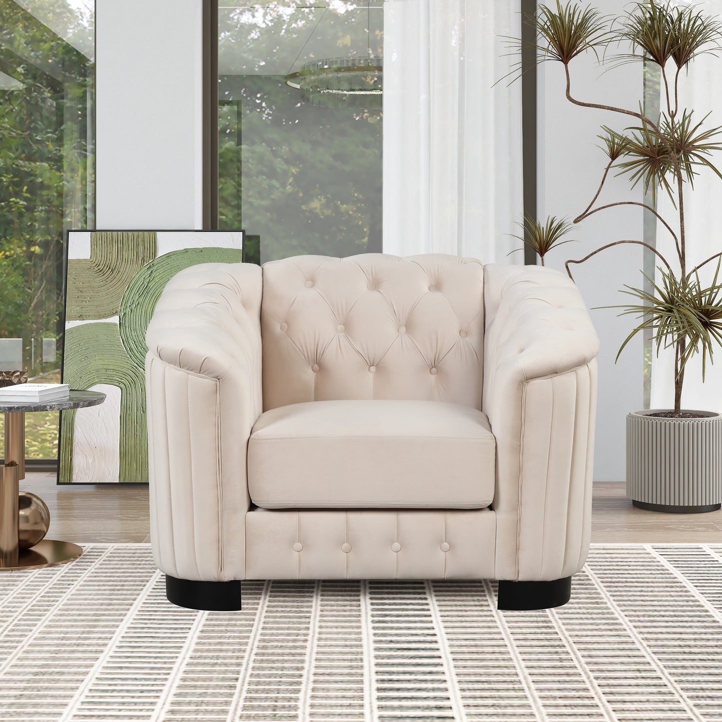 3-Piece Beige Premium Velvet Upholstered Sofa Set with Dark Wood Legs, Button Tufted, Luxury
