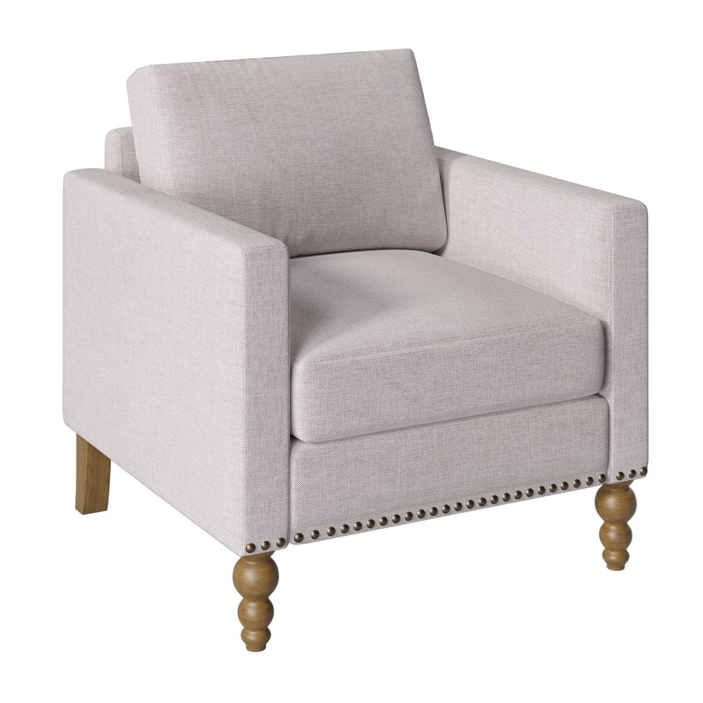 Beige Linen Accent Armchair with Bronze Nail head Trim Details and Wood Legs