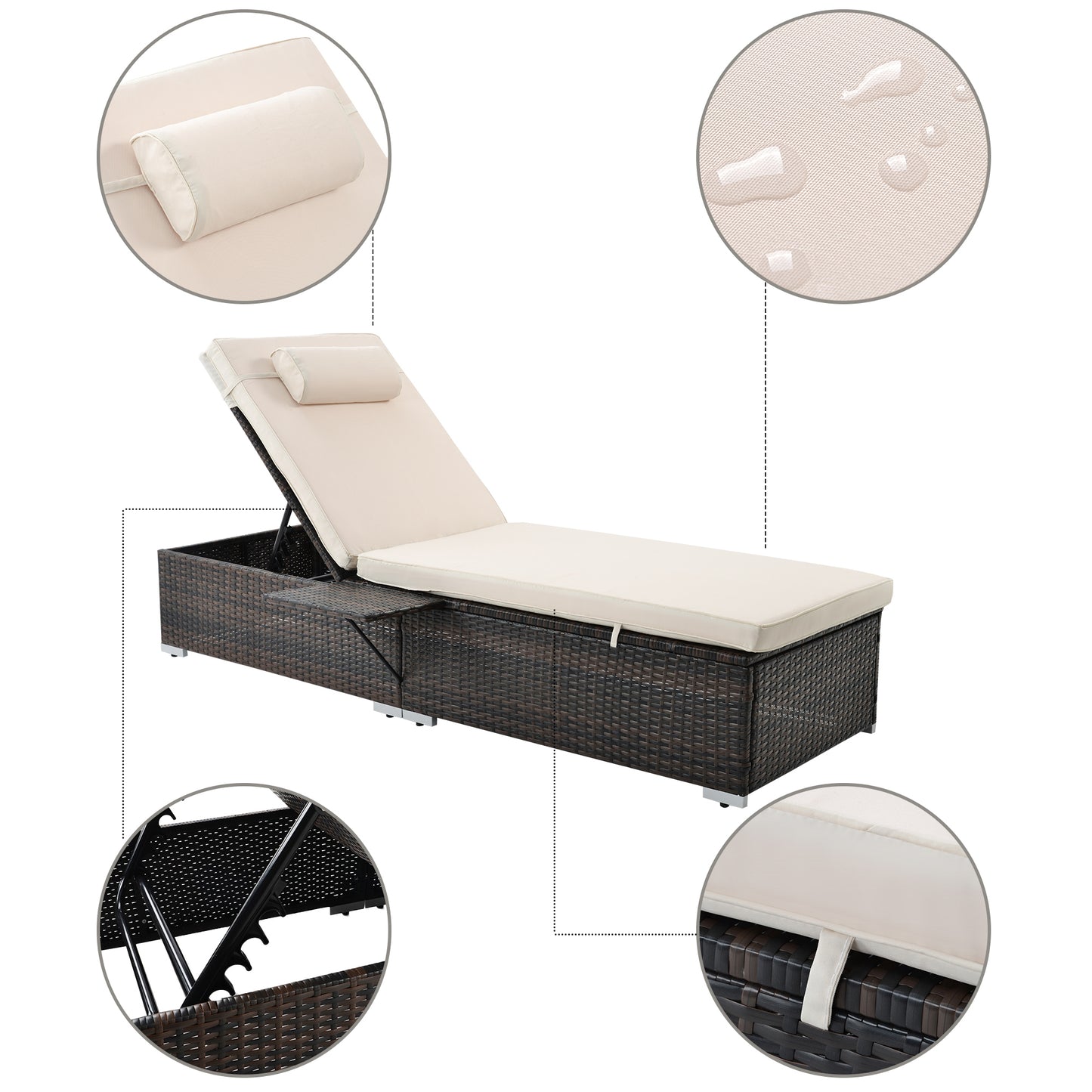 Outdoor 2-Piece Patio Set, Brown Rattan Reclining Chaise Lounge Chairs with Adjustable Backrests with a White Cushion and pillow and Side Table