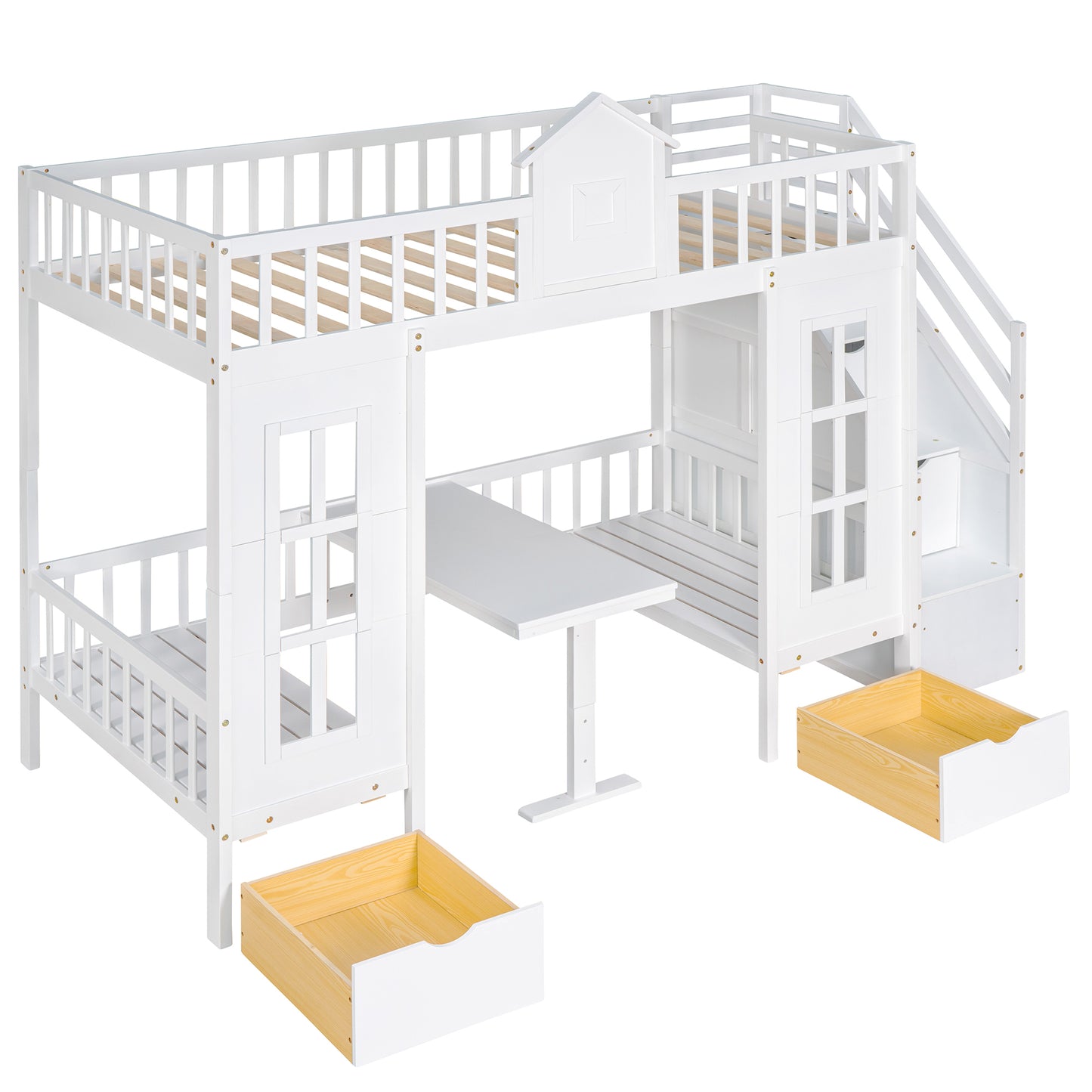 Twin-Over-Twin Bunk Bed with Convertible Picnic Style Table or Desk with 2 Drawers, White