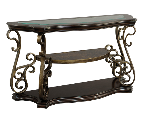 Glass Top Accent Table, Sofa Table with 3 shelves and Scroll Metal Legs.