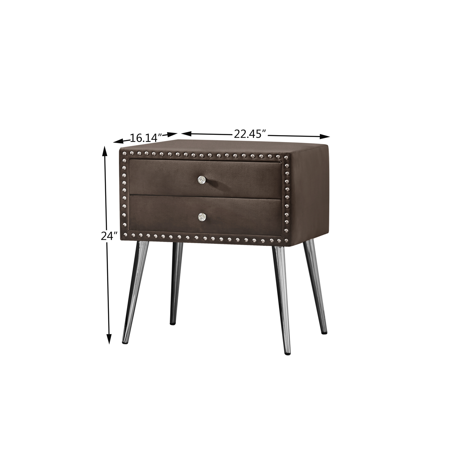 Chic Brown Velvet Upholstered Nightstand with Two Drawers, Metal Legs and Silver Rivet Accents