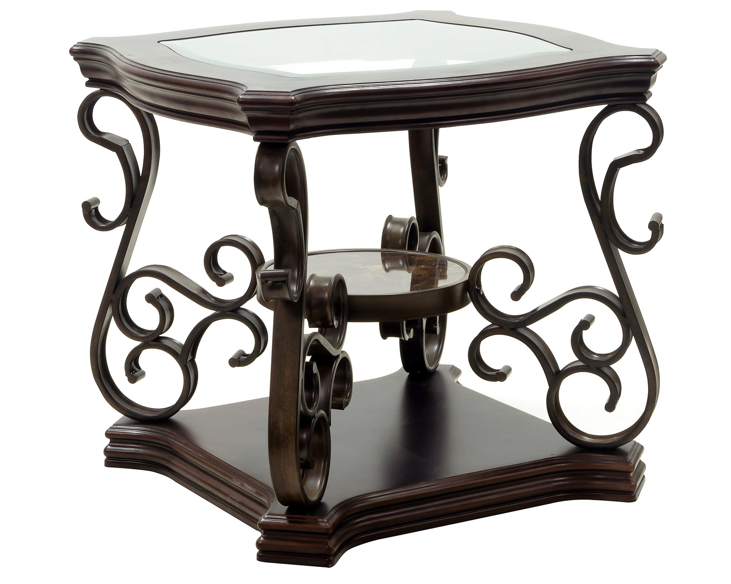 Luxury End table, Glass Top, Powder Coat Finish, Scroll Metal Legs.