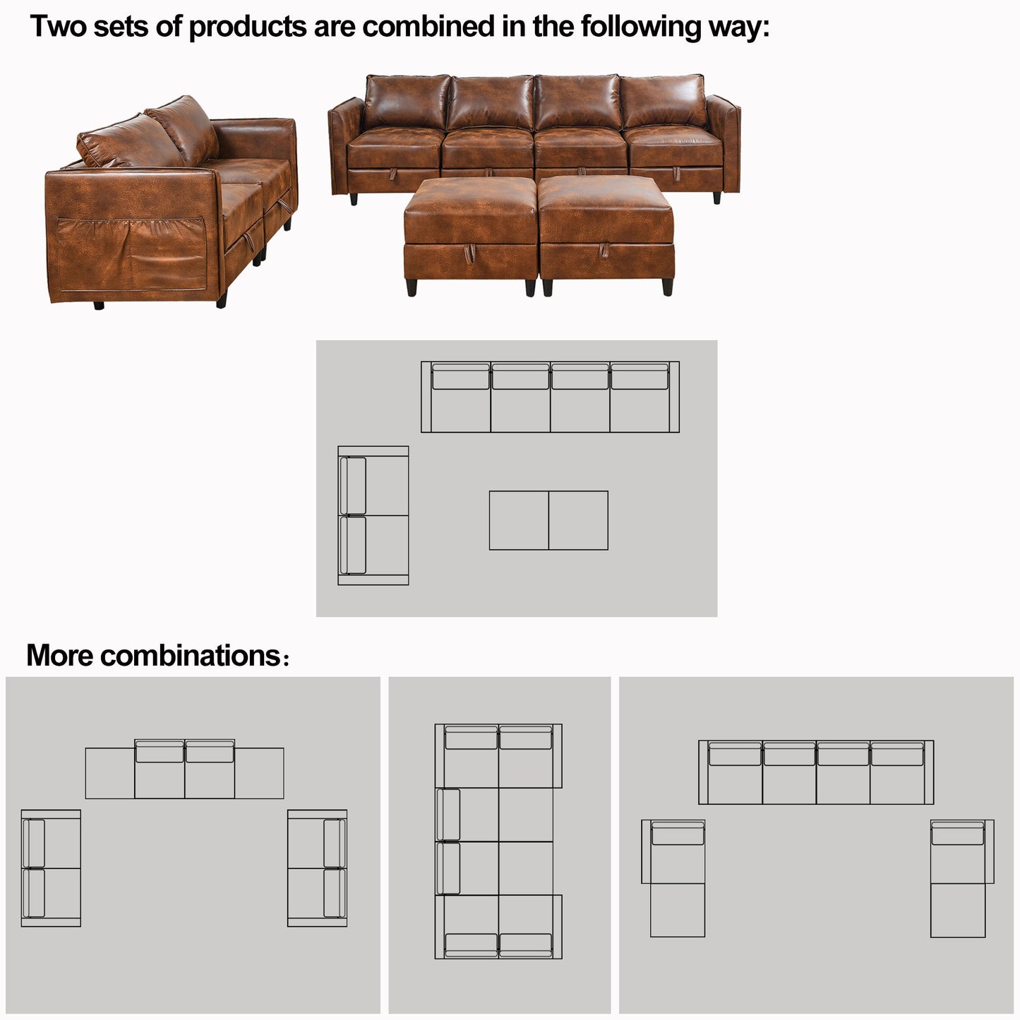 3-Piece Combination Convertible Brown Sleeper Sofa Set with Storage