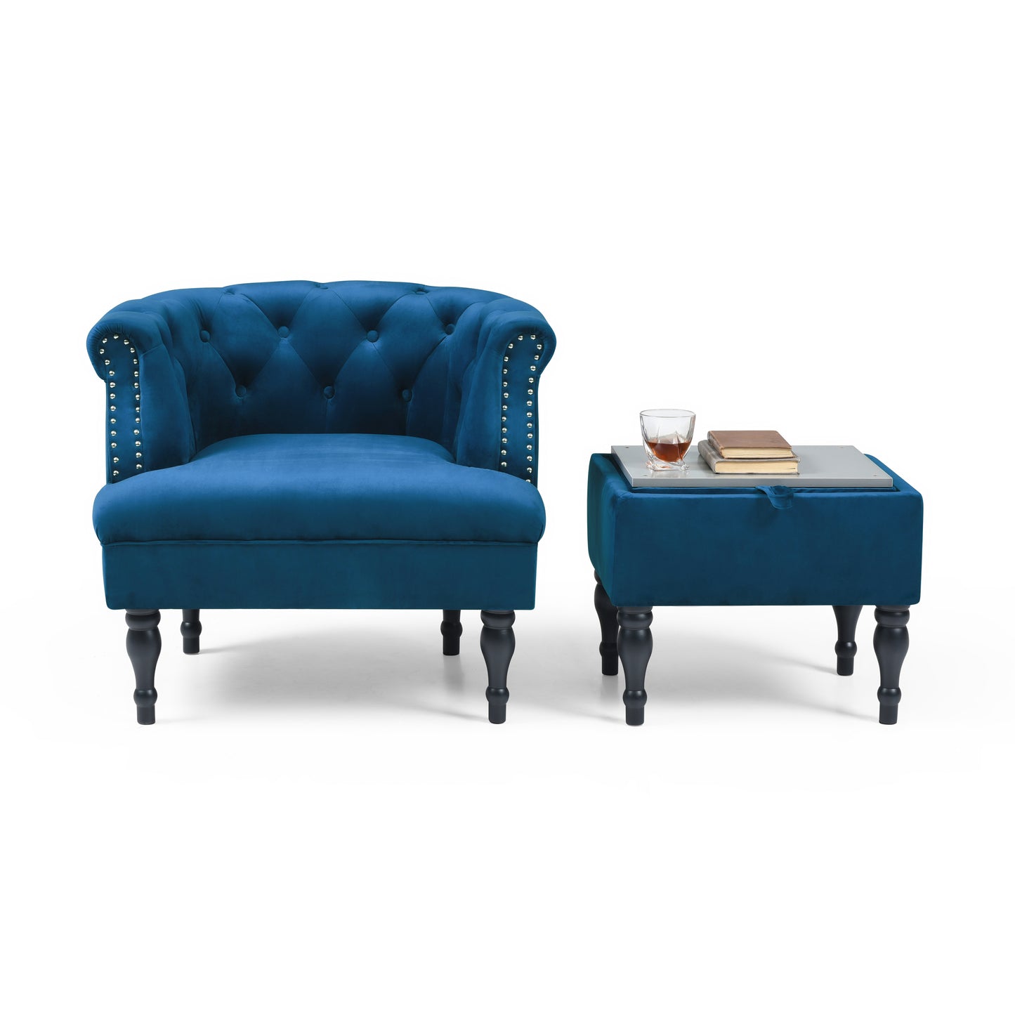 Velvet Upholstered Accent Chair Set with Ottoman, Button Tufted, Storage Ottoman with Tray, Contemporary Style, Blue