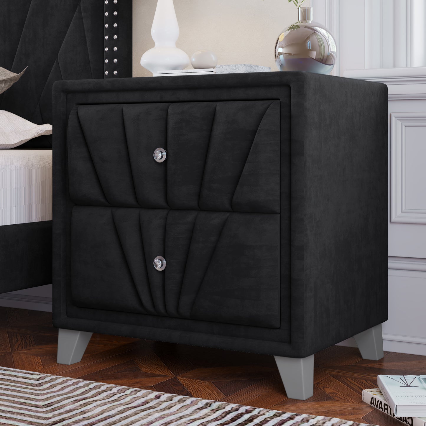 Black Contemporary Velvet Upholstered Glass Top Nightstand End Table with Two Drawers