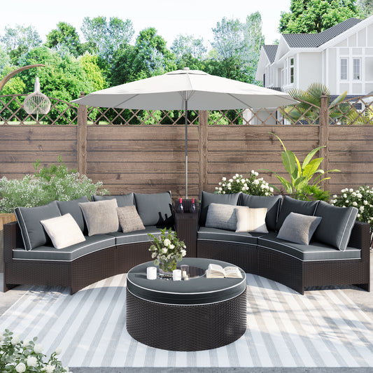 6-Piece Brown and Gray Outdoor Sectional Set, Half Round Patio Rattan Sofa, One Storage Side Table for Umbrella and One Multi-Use Round Table