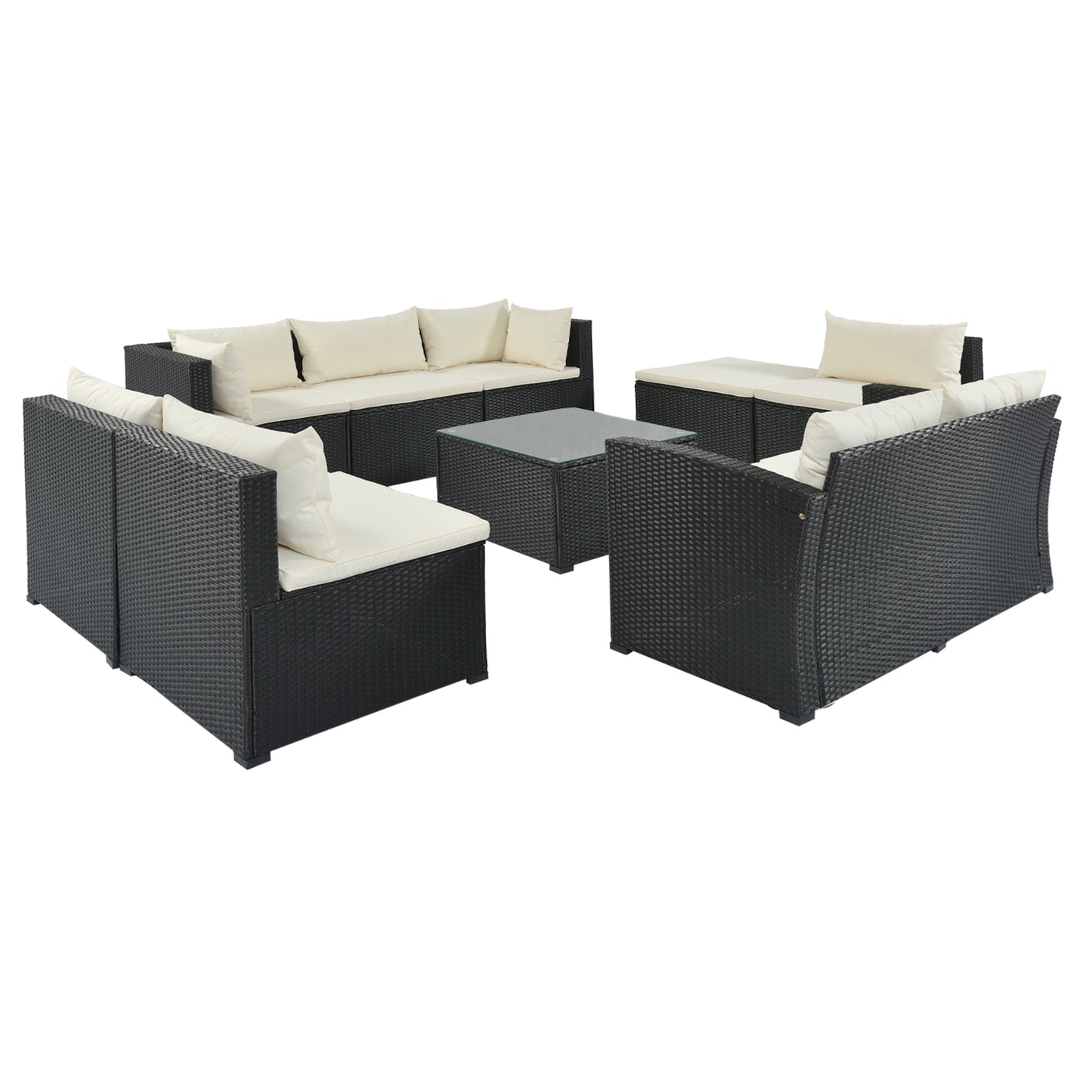 9-piece Beige Cushion and Black Rattan Outdoor Patio Sectional Sofa Set, for Garden, Backyard, Porch and Poolside