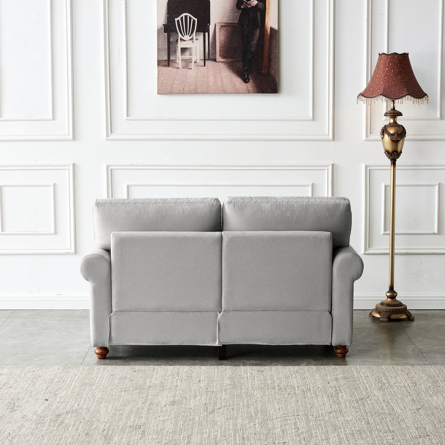 Dark Gray Upholstered Loveseat with Silver Nail Head Trim, Wood Legs