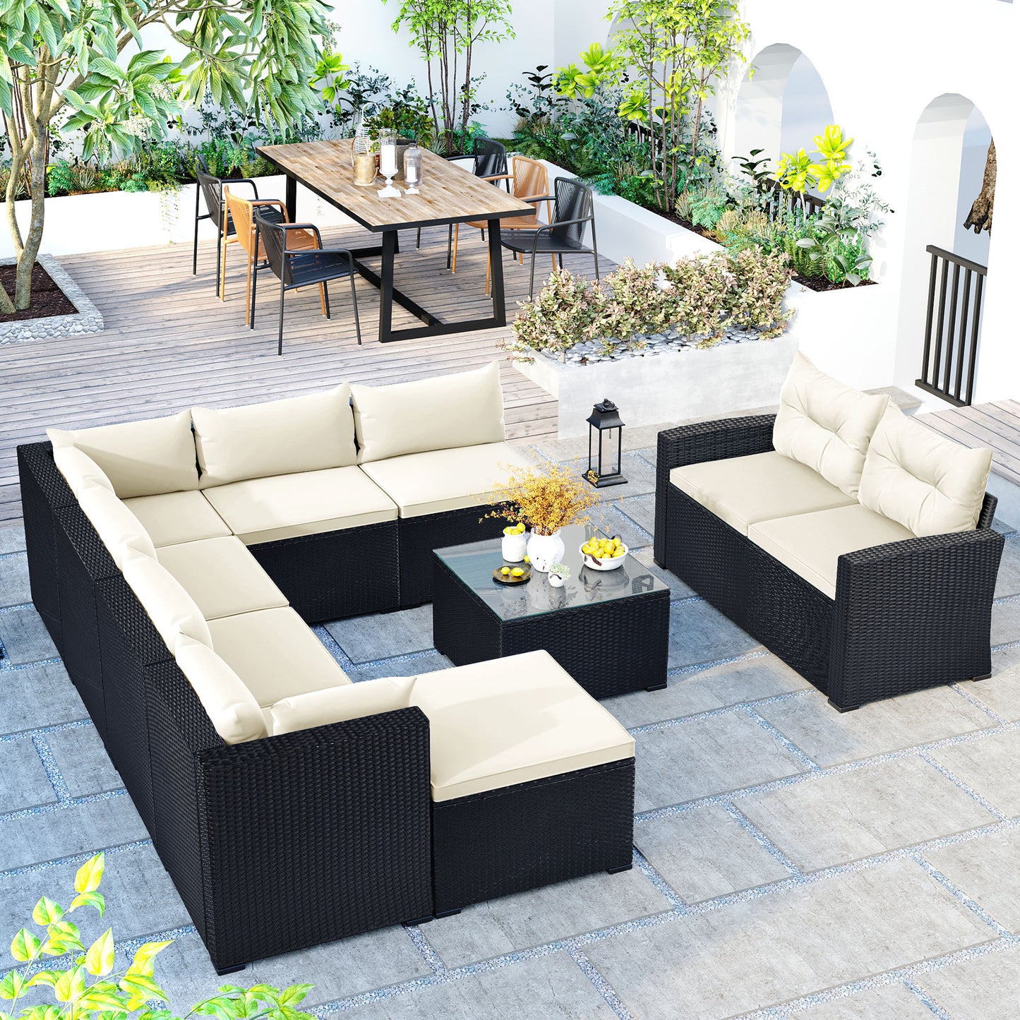 9-piece Beige Cushion and Black Rattan Outdoor Patio Sectional Sofa Set, for Garden, Backyard, Porch and Poolside