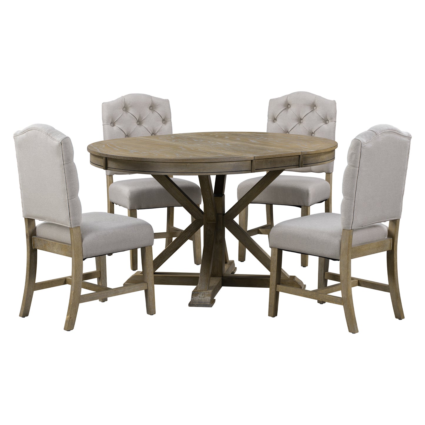 Upholstered Retro Style Dining Table Set with Extendable Leaf and 4 Chairs