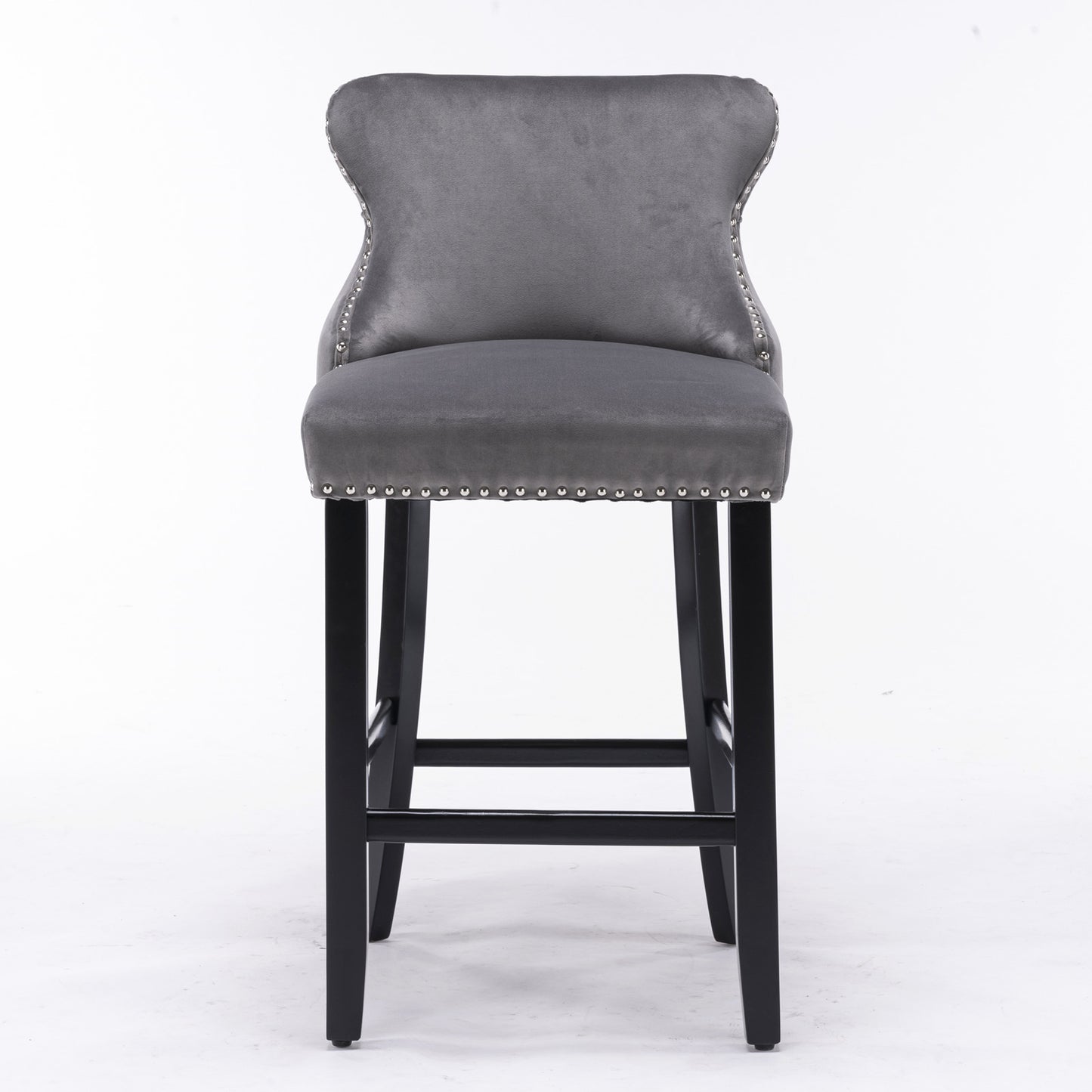 Set of 2, Contemporary Button-Tufted, Velvet Upholstered Wing-Back Barstools with Black Wooden Legs, and Chrome Nail head Trim
