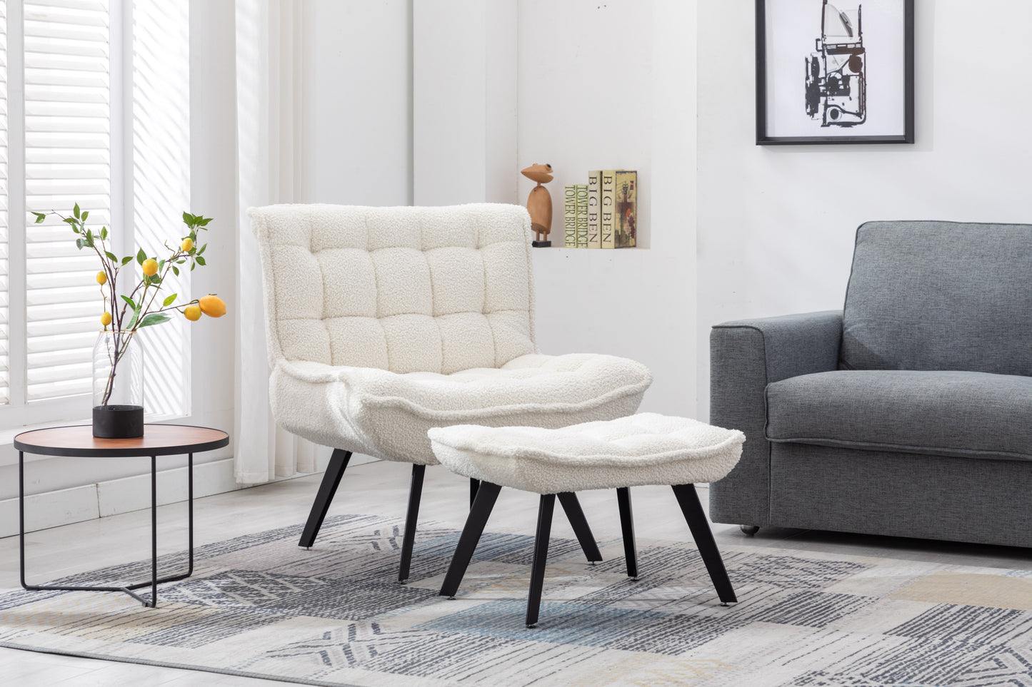 Plush White Teddy-Soft Fabric Material, Large Width Tufted Accent Chair With Ottoman, Black Legs White