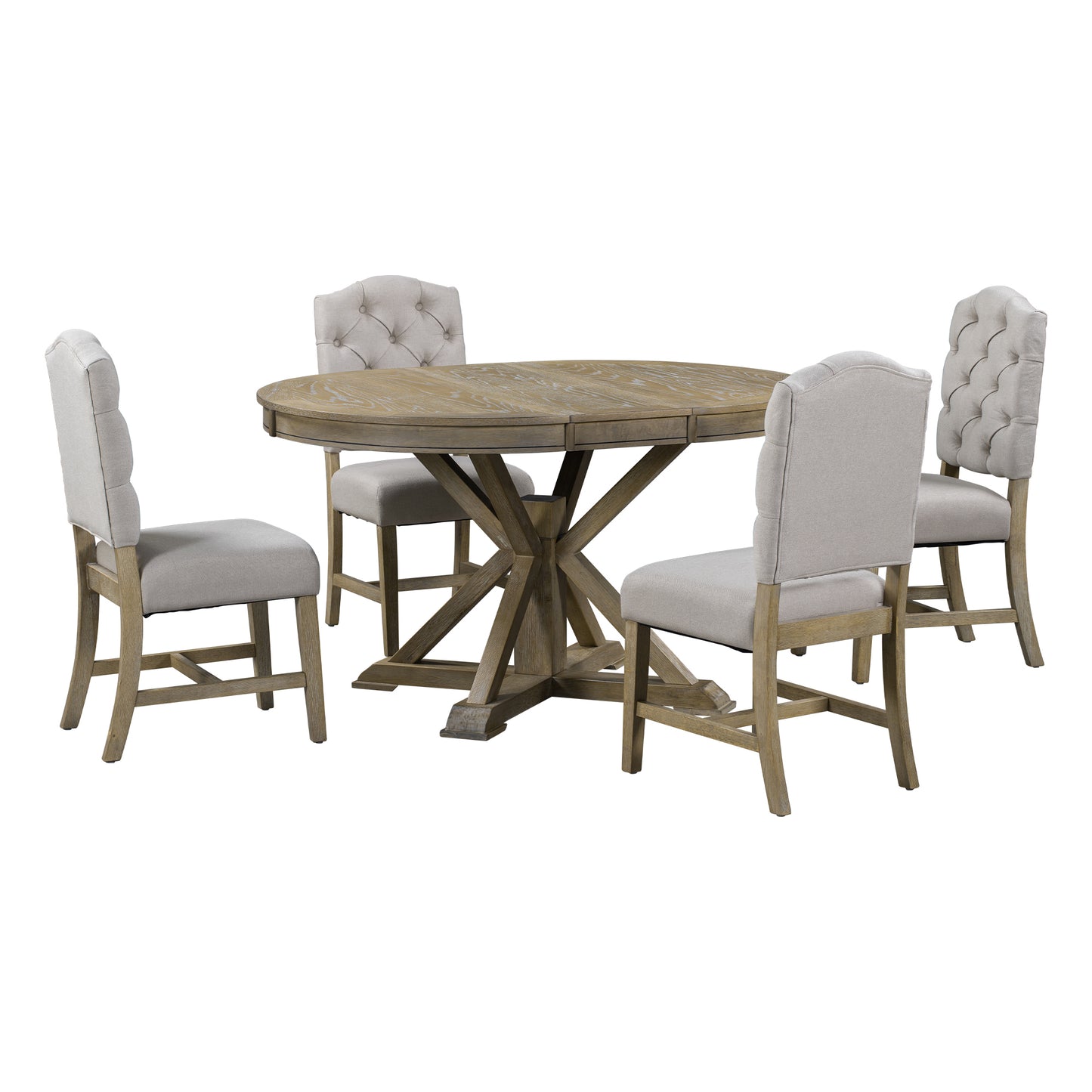 Upholstered Retro Style Dining Table Set with Extendable Leaf and 4 Chairs