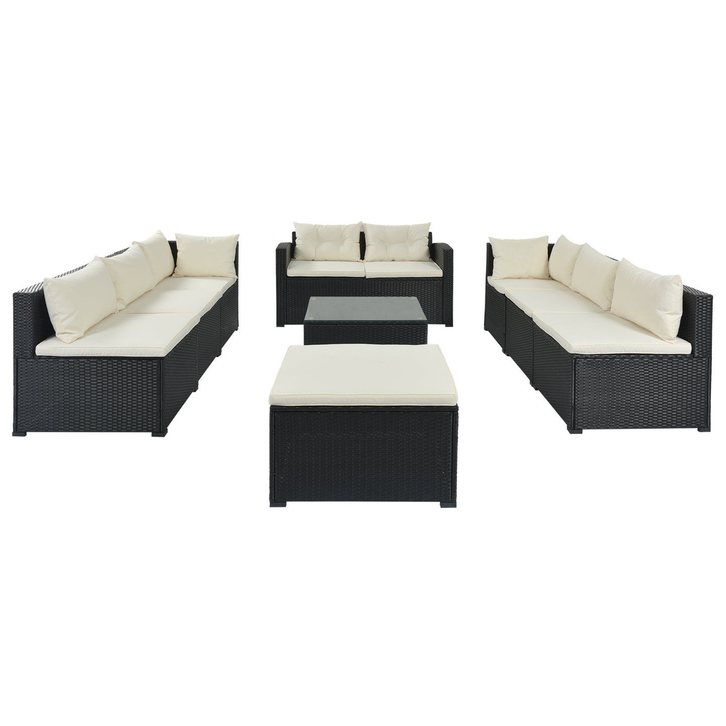 9-piece Beige Cushion and Black Rattan Outdoor Patio Sectional Sofa Set, for Garden, Backyard, Porch and Poolside