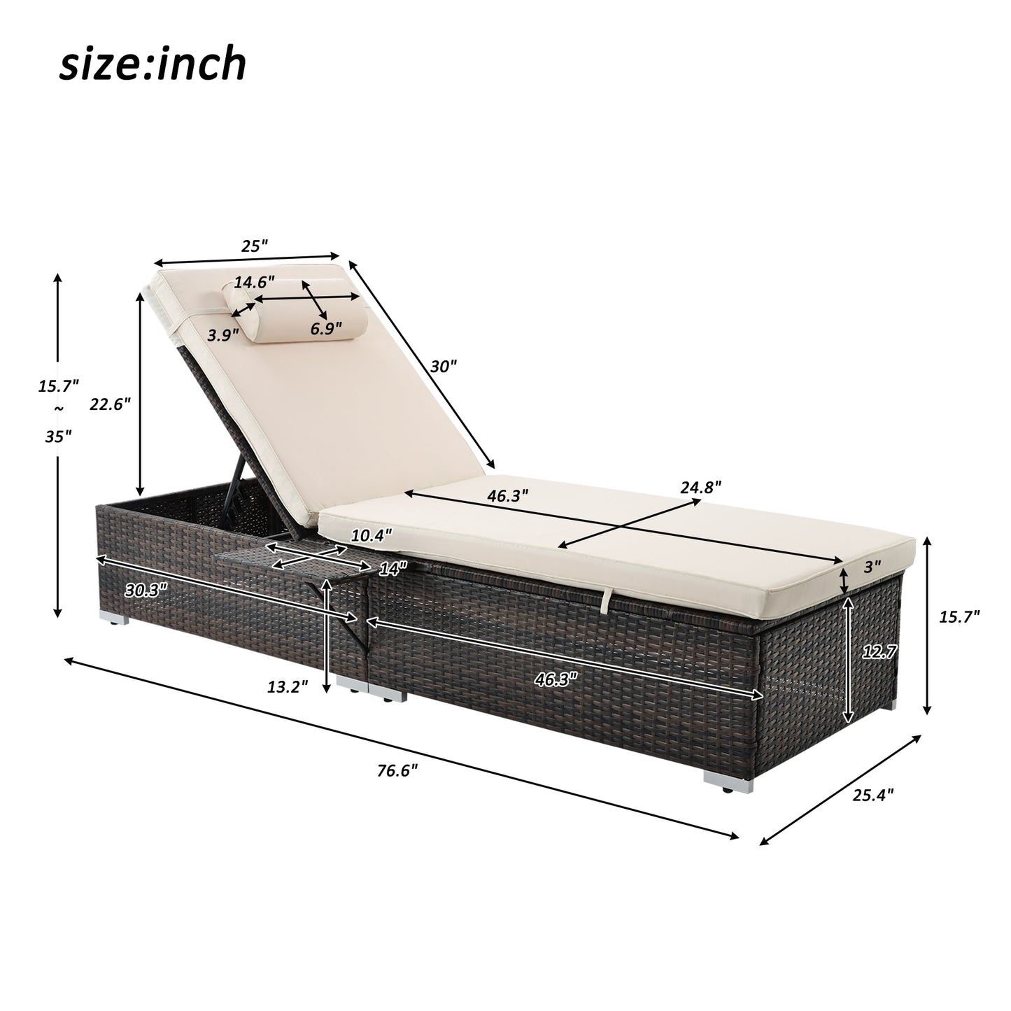 Outdoor 2-Piece Patio Set, Brown Rattan Reclining Chaise Lounge Chairs with Adjustable Backrests with a White Cushion and pillow and Side Table