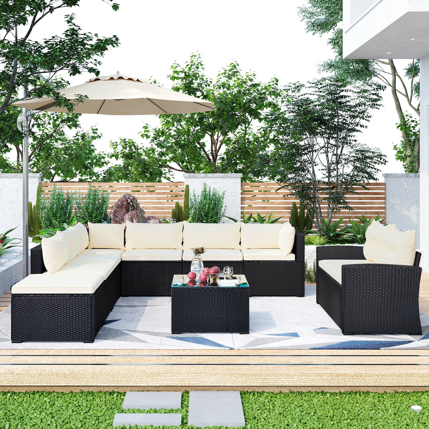 9-piece Beige Cushion and Black Rattan Outdoor Patio Sectional Sofa Set, for Garden, Backyard, Porch and Poolside