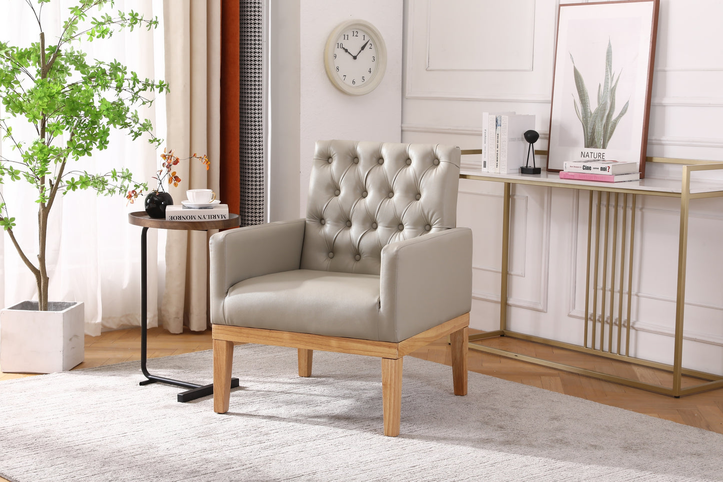 Executive Vegan Leather Accent Chair, Upholstered with an Elegant Button Tufted Back, Wooden Legs and Frame